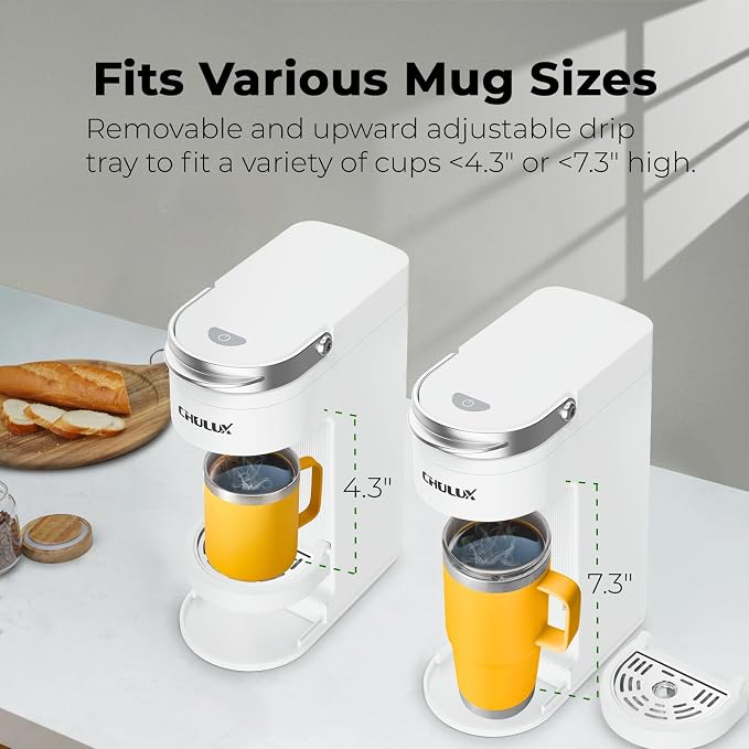 CHULUX Slim Single Serve Coffee Maker for K Pod, Brew Up to 12oz Cup, White | Fast-Heating Boiler Tech, 4-Hole Needle for Richer Flavor, Adjustable Drip Tray for 7.3" Travel Mug, Portable Compact Design