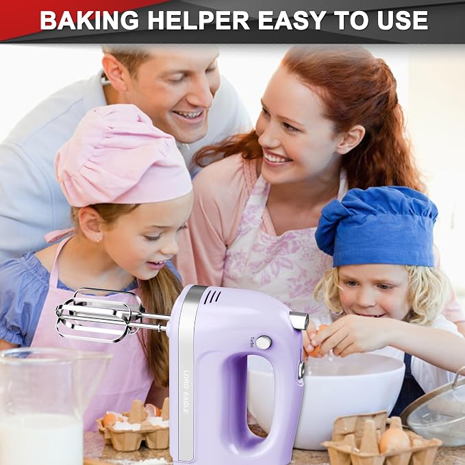 Lord Eagle Hand Mixer Electric Handheld 400W, 5-Speed Lightweight, Purple | Kitchen Mixer with Storage Case, 5 Stainless Steel Attachments for Baking Cake Egg Cream Food Beater, Turbo+Eject Button