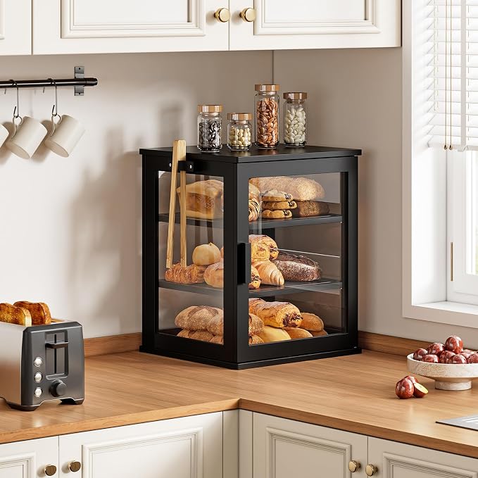 WOWLIVE Bread Box for Kitchen Countertop, 3 Layers Bread Storage Container | Large Bamboo Bread Bin for Homemade Bread with Window, Farmhouse Breadbox Organizer for Kitchen, Cabinet, Black, Extra Large