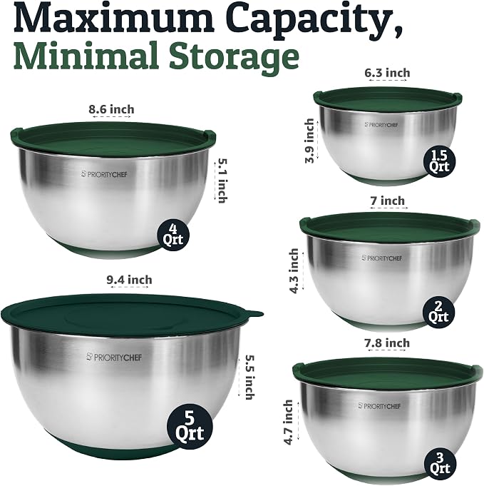 Stainless Steel Mixing Bowls with Lids Set, 3 Grater Attachments, Airtight Lids, Non-Slip Silicone Base Mixing Bowl Set, Large Prep Metal Mixing Bowls for Kitchen, Green