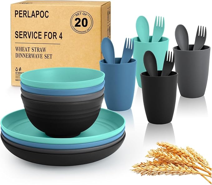 20PCS Plastic Dishes Set for 4, Unbreakable Wheat Straw Plates and Bowl Set | Lightweight Outdoor Dinnerware sets for RV, Camping, BBQ - Calm Tones