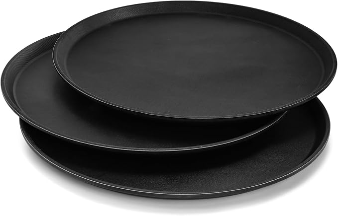 TOPZEA 3 Pack Large Restaurant Serving Tray, 18 Inch Plastic Black Round Server Tray, Non-Slip Rubber Lined Bar Drink Trays Cafeteria Buffet Food Service Trays for Coffee Table, Kitchen, Party