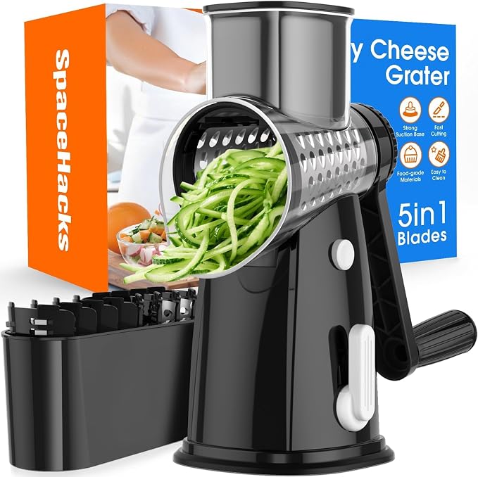 Rotary Cheese Grater Hand Crank, 5-in-1 Vegetable Chopper Spiralizer Slicer | Shredder with 5 Interchangeable Blades for Vegetable, Cheese, Fruit, with Blades Storage Box & Stable Suction Base (Black)