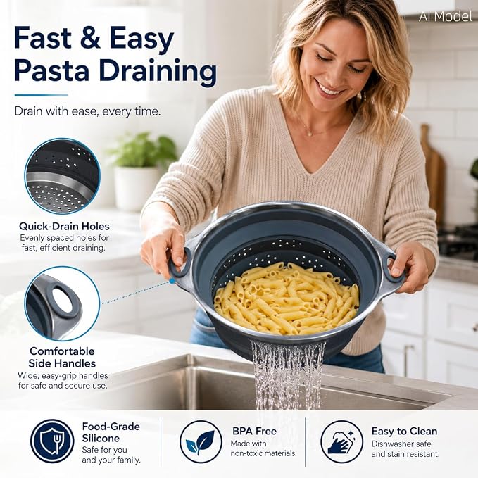 Mejoncb Collapsible Colander – Platinum Silicone Strainer with Stainless Steel Base, BPA-Free & Heat Resistant Kitchen Drain Basket (Gery)