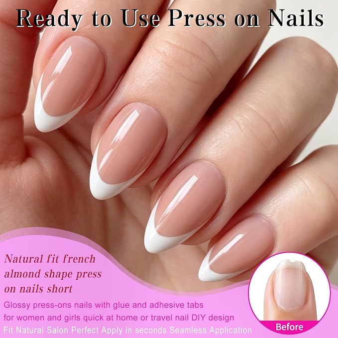 240pc White French Tip Press on Nails Short Almond Acrylic Nail, Coffee Press ons Fake Nails with Glue & Tabs, 12 Sizes Glue on Nails Short Press-on Nail Almond Artificial Stick on Nail for Women
