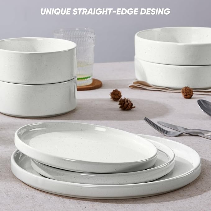 E-far 16-Piece Stoneware Dinnerware Sets with Pasta Bowls, Speckled White | Plates and Bowls Sets for 4, Chip and Scratch Resistant, Microwave & Dishwasher Safe Kitchen Modern Dish Set