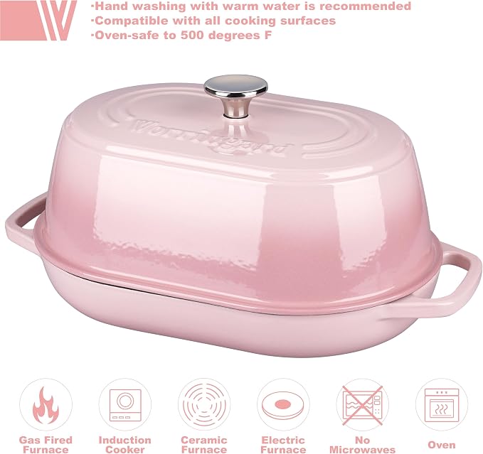 Enameled Cast Iron Dutch Oven Pot with Dome Lid, Oval Bread Oven for Homemade Sourdough Bread Baking, Oven Safe up to 500°F, 6 Quart, Pink