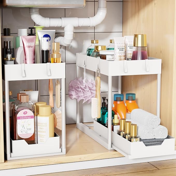 Simple Trending Under Sink Organizer 2 Pack, with Sliding Drawer, White | 2-Tier Multi-Use Under Shelf Organizer with Hooks, Sink Pull-Out Sliding Storage Cabinet for Kitchen Bathroom, Easy Assembly
