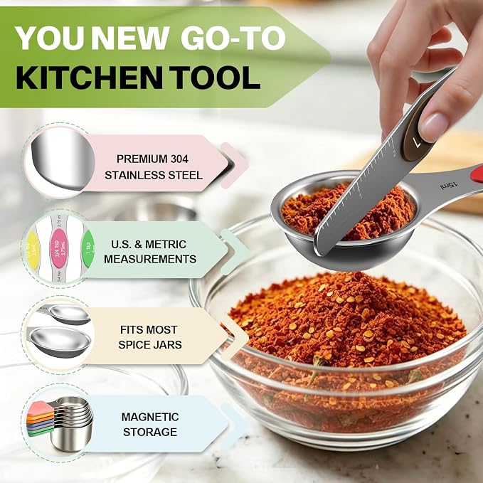 Magnetic Measuring Cups and Spoons Set, 16-Piece Set with Leveler | Strong N52 Magnets, Heavy Duty 304 Stainless Steel, Dual-Sided Design Fits Spice Jars, Easy-to-Read Markings for Cooking