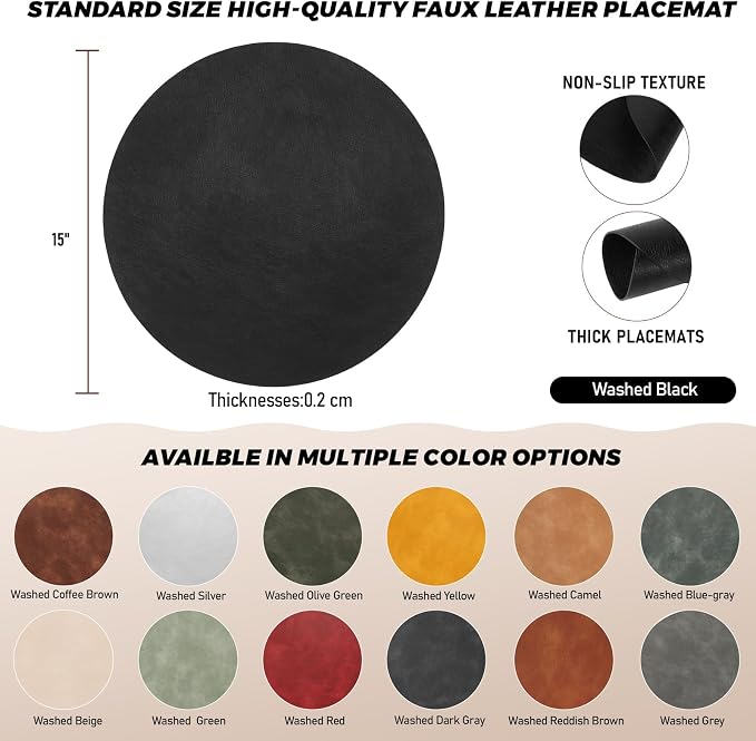 UnivoColors Placemats Round Faux Leather Placemats Set of 4-Waterproof-Wipe Clean-Heat Resistant-Anti Slip Dining Table Place Mats,Suitable for Indoor & Outdoor Use,15".Retro Black