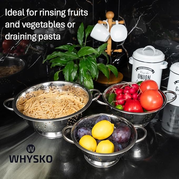 3-Pack Stainless Steel Colander Set, 5, 3 & 1 Qt with Handles | Durable Metal Kitchen Strainers Set with Heat Resistant Handles for Pasta and More, Rustproof and Dishwasher Safe