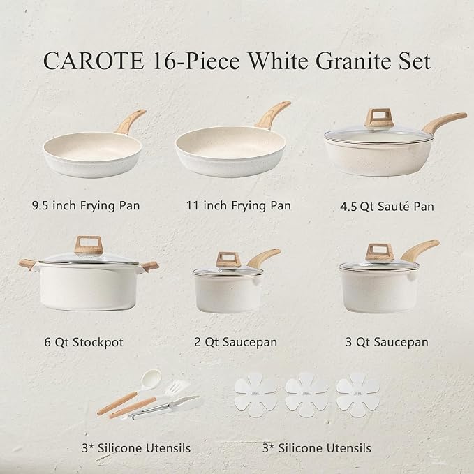 CAROTE 16pcs Nonstick Cookware Sets, Pots and Pans Set | Induction Cooking Set, Easy Clean, Fit All Stovetops, Even Heating, Stay Cool Handle, with Frying Pans & Saucepans