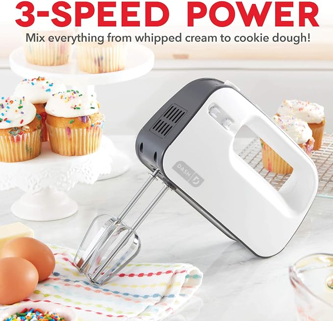 Dash SmartStore Hand Mixer - Electric Handheld Mixer For Everyday Baking - 3-Speed Power and One-Touch Beater Ejector Button - Cool Gray, Includes Whisk and Milkshake Attachments
