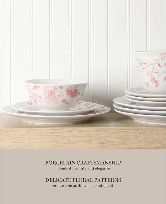 Martha Stewart Empress Bouquet 12-Piece Decorated Porcelain Chip and Scratch Resistant Dinnerware Plates and Bowls Set - Pink Floral