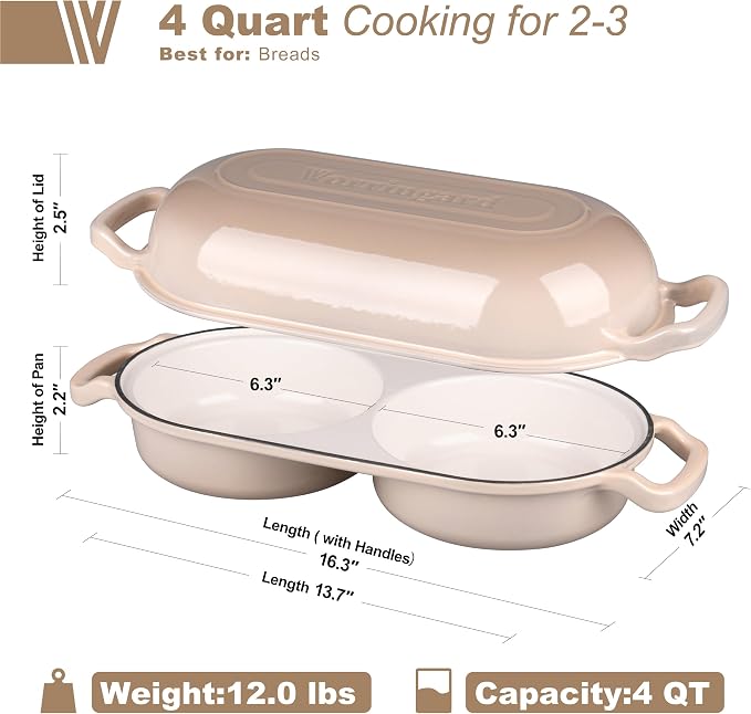 Enameled Cast Iron Double Dutch Oven with Lid, Dual Round Loaf Pan, Bread pan for Homemade Sourdough Bread Baking, Latte