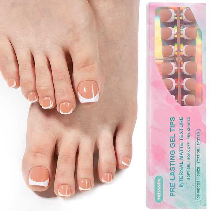 Misssix Press on Toenails Short, French Tip Toe Nails Square Brown | 150pcs Soft Gel Fake Toe Nail Tips Extensions for Women Nail Art DIY 15 Sizes
