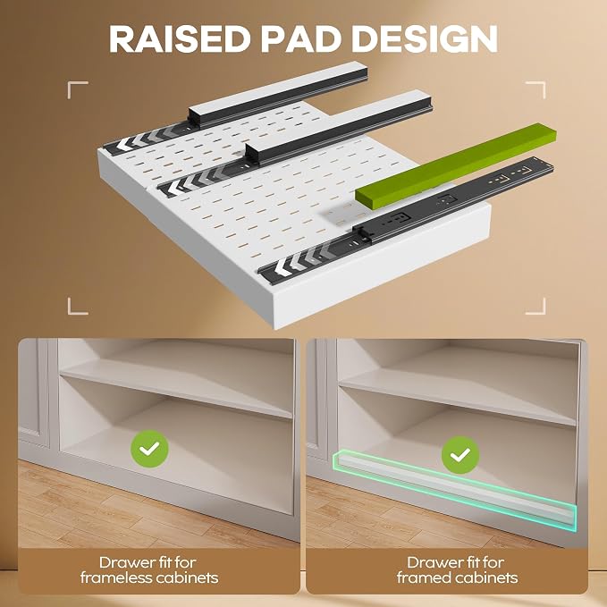 Seinloes 4 Pack Pull out Cabinet Organizer 21"Deep with Raising Pad for Framed Cabinets, Expandable Slide out Drawers for Kitchen Cabinets with 4pcs Divider Racks, Roll out Shelves 12.1"-20.4" W White