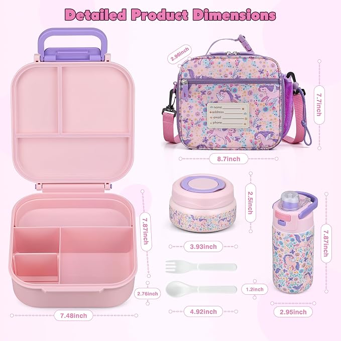 Bento Lunch Box for Kids with 7oz Soup Thermo,Insulated Stainless Steel Kids Water Bottle with Straw and Insulated Lunch Bag,Leak-Proof Lunch Food Container with Ice Pack for School(Pink-Horse)