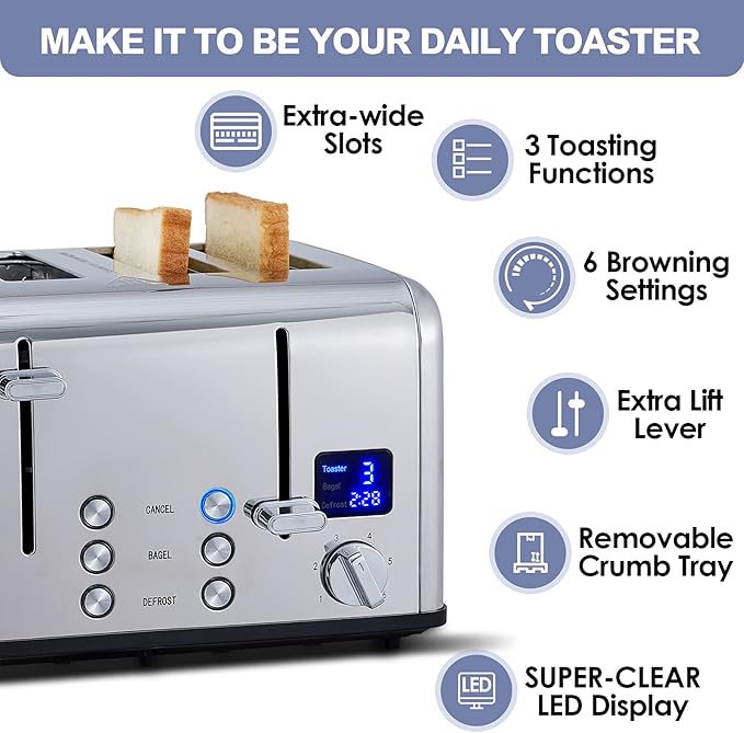 CUSIMAX 4 Slice Stainless Steel Toaster with Digital Display, Silver | LED Display with Countdown Timer, 6 Browning Levels, Bagel/Defrost/Cancel, Dual Independent Controls, 1.5" Extra Wide Slots
