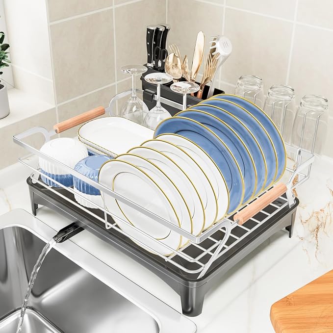 Dish Drying Rack,Space Saving Dish Drainer for Kitchen Counter& Sink,Silver | Rustproof,Riser Feet,Wooden Handle,Cup Holder & Knife Slots,Expandable Spout,Auto-Drainage System,Sink Storage Organizer