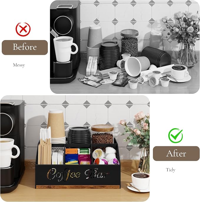 Coffee Station Organizer for Countertop, Coffee Bar Organizer | Wooden Coffee Organizer Station , Cup Condiment Holder , Sugar Creamer Caddy with Mesh Compartments for Pods, K Cups, Stirrer