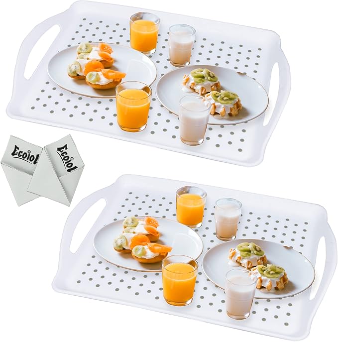 ECOIOU Non Slip Food Serving Tray with Handles, White | 2-Pack Rectangle Anti-Slip Non-Toxic Dishwasher Safe Tray for Snack Fruit Dessert Breakfast Drink