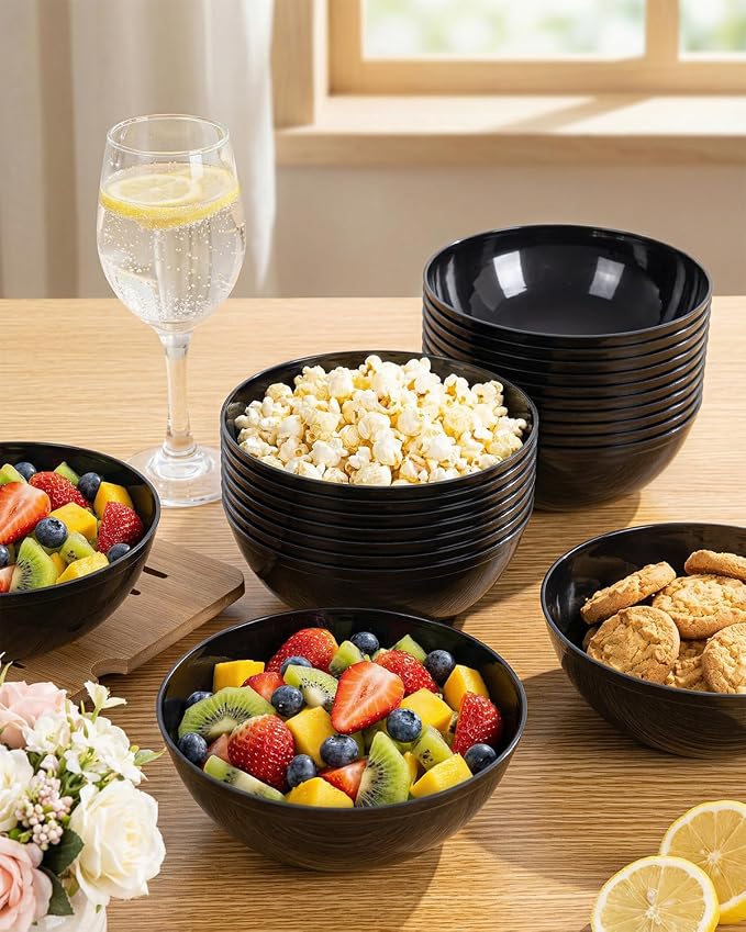 bUCLA 50 Pack Black Plastic Serving Bowls - 24oz Disposable Bowls for Dessert, Soup, Cereal, Salad & Fruit - Ideal for Wedding & Party