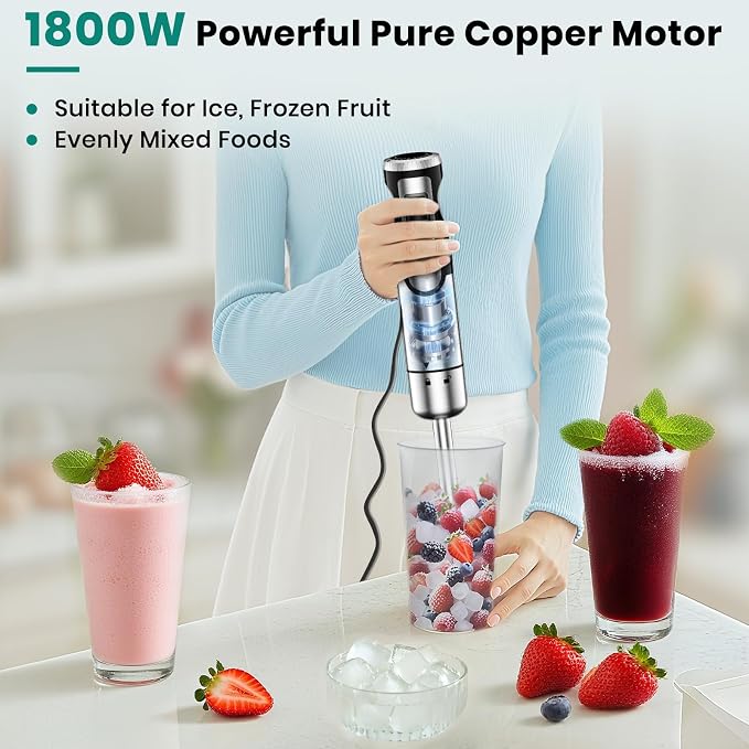 Colarlemo 1800W Immersion Blender Handheld 4-in-1 Hand Blender, Silver | Stick Blender for Ice Crushing Smoothie, Baby Food, 8 Speed & Turbo Boost, Stainless Steel Blade with Whisk, Chopper, Beaker