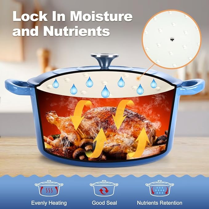 P&P CHEF 6QT Enameled Dutch Oven, Dutch Oven Pot for Bread Baking, Blue | 6 Quart Enameled Cast Iron Casserole Pot with Lid, for Roasting Braising Stewing Frying Simmering, Work on Various Stoves