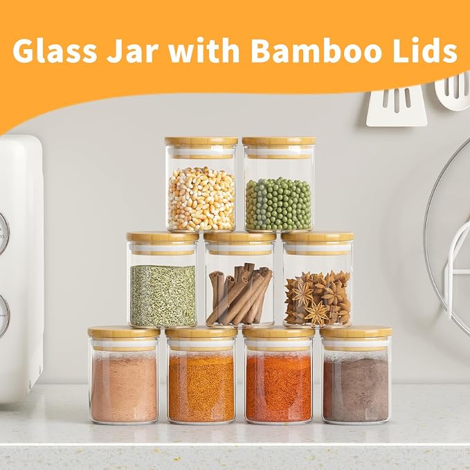 15Pcs 6oz Glass Spice Jars, Airtight Bamboo Lid Containers with Labels | Moisture-Proof Sealing, Clear Visible Body, Space-Saving Compact Shape, Multi-Scenario Application, Easy Marking Design