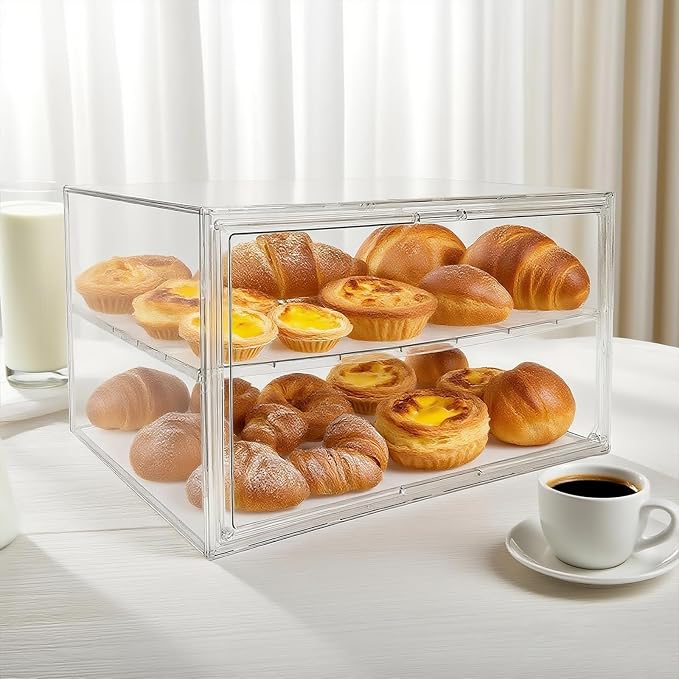 BOHOIDEE Extra Large 19.7"X14.6"X11.6" Clear Bread Box for Kitchen Counter, Acrylic Pastry Display Case Stackable Storage Container Plastic Bakery Display Case with Magnetic Door