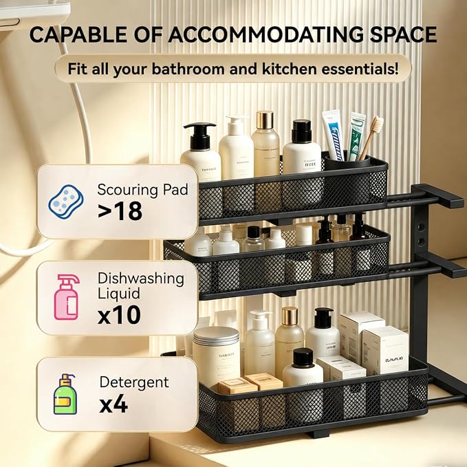 2 Pack 3 Tier Under Sink Organizer with Pull Out Drawer, Height Adjustable Heavy Duty Metal Under Cabinet Organizer, Smooth Sliding Storage Shelf for Kitchen, Bathroom Cabinet Organization, Black