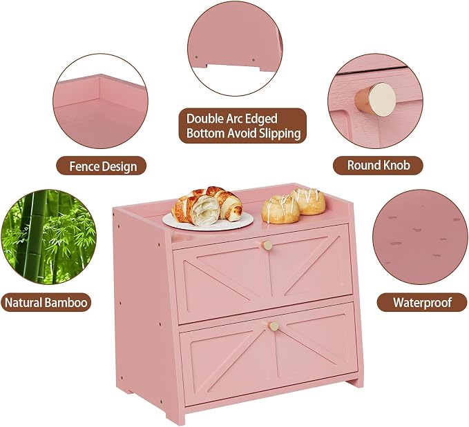 Trironsun Vintage Double Layer Bread Box for Kitchen Counter Bamboo Bread Storage Container Large Capacity Bread Storage Bin (Pink)