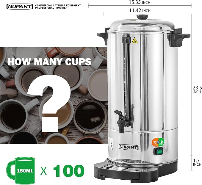 NUPANT Commercial Coffee Urn 100 Cup/15L Coffee Dispenser with Upgraded Percolator, Double Wall 304 Stainless Steel Hot Water Urn Beverage Dispenser, Keep Warm Large Coffee Maker for Catering Party