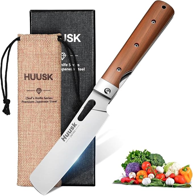 Huusk Japanese Folding Nakiri Knife - Pocket Chef Knives for BBQ | 440C Stainless Steel, Ultra Sharp Blade, Wooden Handle, Gift Box, for Trip Outdoor