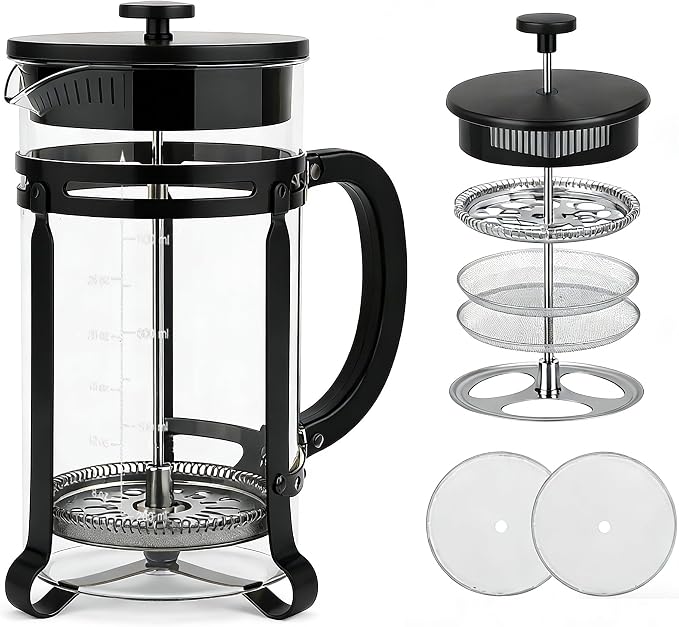 French Press Coffee Maker 21oz, Glass Coffee Press With Extra Filter-Black | Thickened Glass Stainless Steel, for Coffee, Cold Brew,Tea & Cocoa