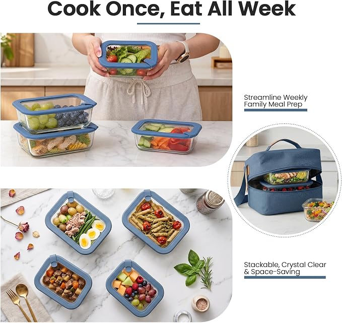 Taree Glass Food Storage Containers with Glass Silicone Lids,22/35oz, Blue | Meal prep,office lunches&eftover storage,borosilicate glass,microwave safe reheating with steam vent,BPA free,dishwasher safe