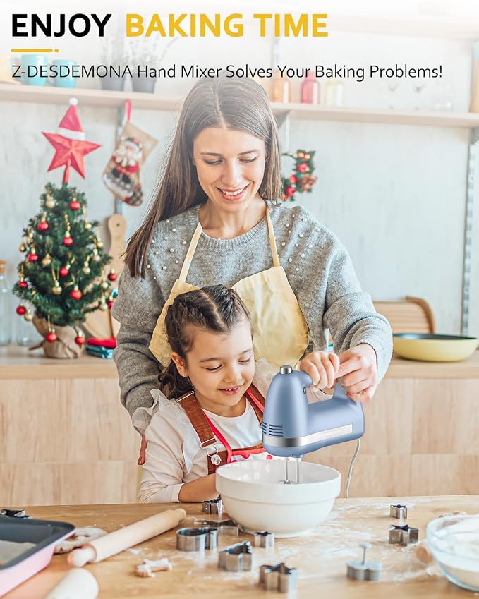 Electric Hand Mixer, Powerful Hand Mixer Electric Handheld with 304*(2*Beaters, 2*Dough Hooks),(1*Storage Bag) Hand Held Mixer with Turbo for Baking Cakes,Cream(Blue)