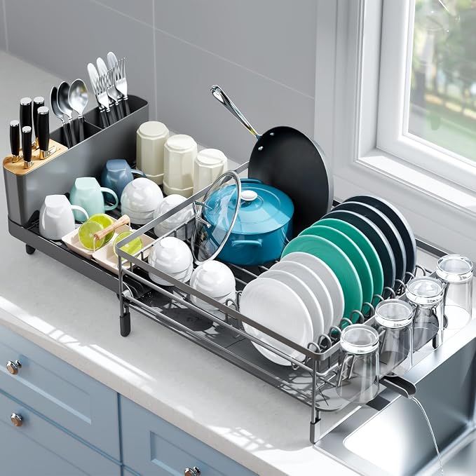 Urackify Extendable Dish Drying Rack, 18.5"-26.7" L x 12.7" W, Gray | Multifunctional large dish rack with cup holder and built-in cutlery holder for versatile drying needs