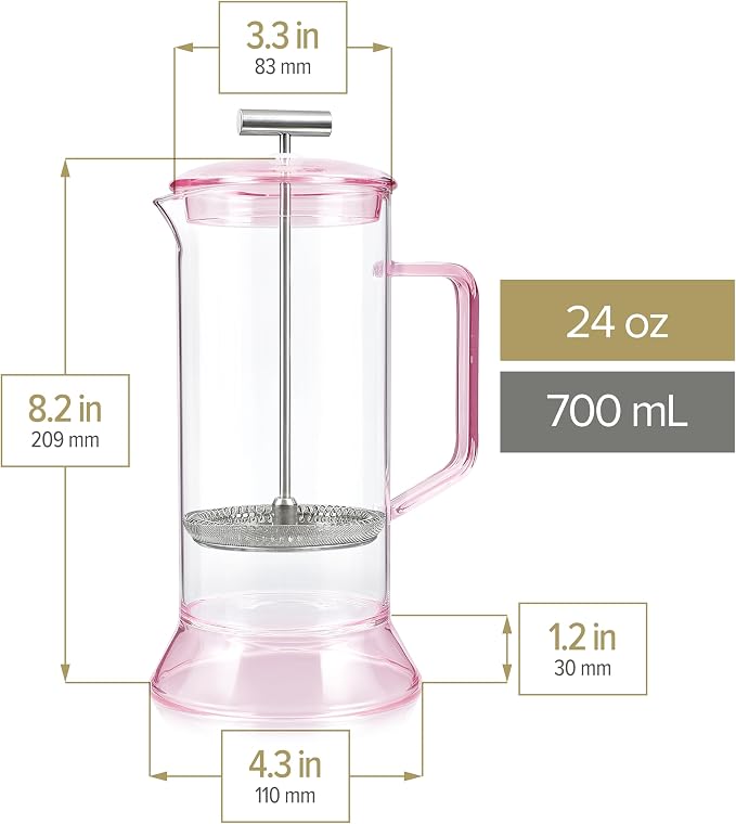 Teabloom Toulouse Borosilicate Glass Tea Press and Coffee Maker with No Plastic, 24-Ounce (700 mL) - Dawn Rose