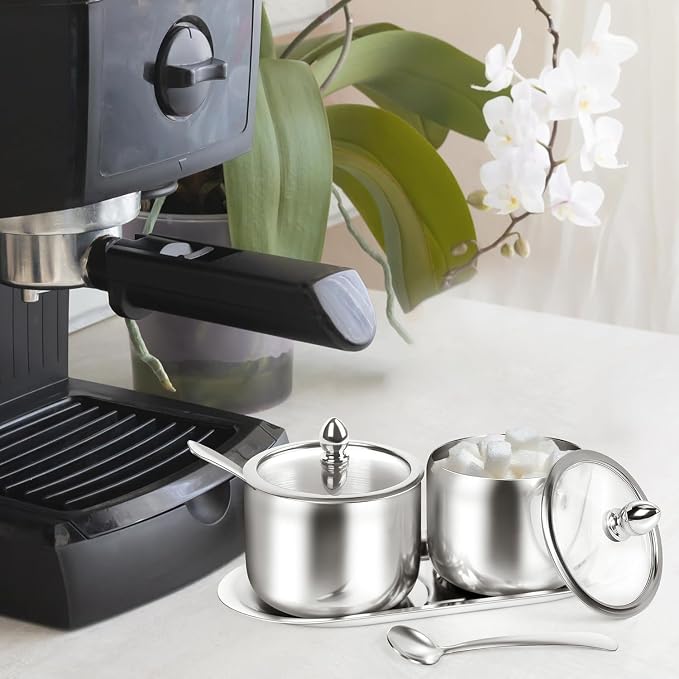 holoith 2 Pack Coffee and Sugar Dispenser with Tray 10 oz Sugar Bowl | with Glass Lid and Spoon for Coffee Bar Accessories Kitchen Storage for Salt,Coffees Bean,Brown Sugar Cubes (Silver)