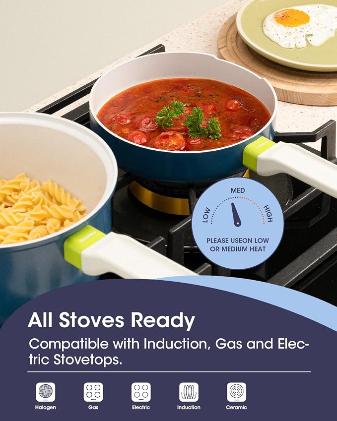 Ceramic Non Stick Sauce Pan, 2.5QT Saucepan with Frying Pan as Lid, Steamer Pot for Cooking, Induction Cookware Set, PTFE, PFOA & PFAS Free, Light Blue