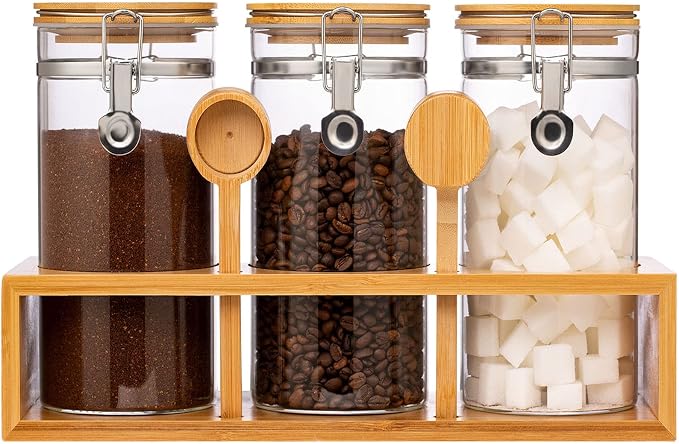 Coffee Container with Shelf: 3P 45OZ Glass Airtight Coffee Holder | Large Capacity Coffee Canister w/Wooden Scoop - Kitchen Food Storage Jar for Ground Coffee/Tea/Sugar/Cereal/Nuts/Coffee Bar