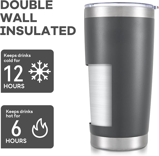 20 oz Tumbler with Lid Stainless Steel Insulated Tumblers Bulk Cups Mug | Double Wall Vacuum, Powder Coated, Keep Drinks Cold and Hot, Waterproof Lid, Fit of Car Cup Holders, Grey, 8 Pack