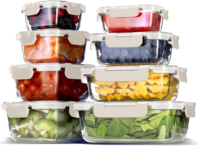 EATEX 16pc Glass Storage Containers with Lids, 8 Glass Food Storage Containers with 8 Airtight Lids for Pantry & Kitchen, Meal Prep Containers for Lunch, Oven Freezer Microwave & Dishwasher Safe
