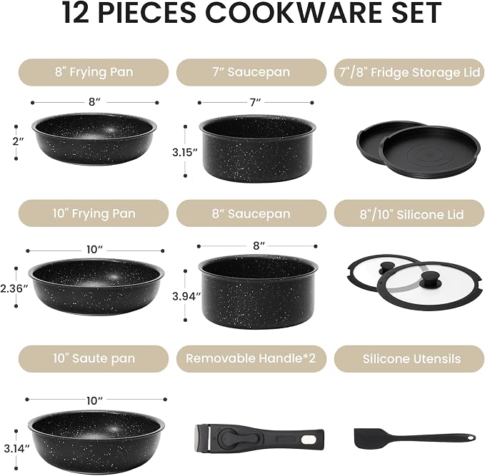 Simple Deluxe 12 Pcs Cookware Set, Non-Stick Pots and Pans Set, with Black Granite Texture and Detachable Handles, Resistant to High Temperatures, Oven Safe, PFAS and PFOA Free, Black
