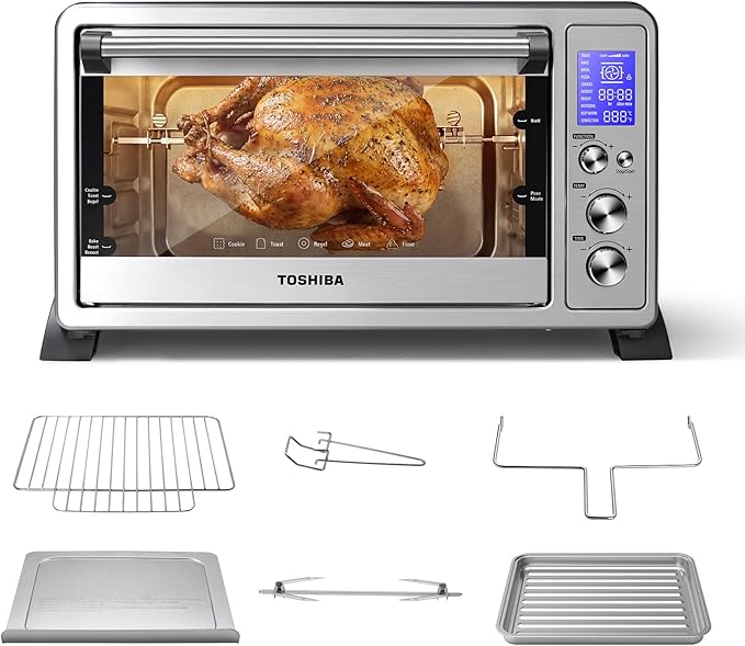 TOSHIBA 10-in-1 Convection Toaster Oven, 6-Slice Countertop Oven, 1500W | Bake, Broil, Rotisserie & Pizza Functions, LCD Knob Controls, 6 Accessories, with Toast, 1500W, Stainless Steel