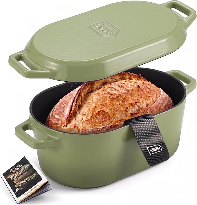 KooK Oval Dutch Oven, for Bread Baking, Sourdough Loaf Pan, Dual Handles, Enameled Cast Iron, with Sling, Dishwasher Safe, 3.4 Qt, Sage Ombre