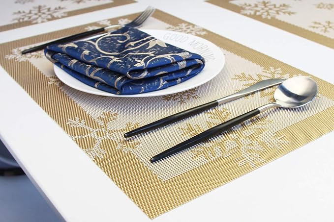 PIGCHCY Christmas Placemats Snowflake Woven Heat Resistant Placemats Washable Easy to Clean Table Mats for Dining Room and Decor(Set of 6, Gold)