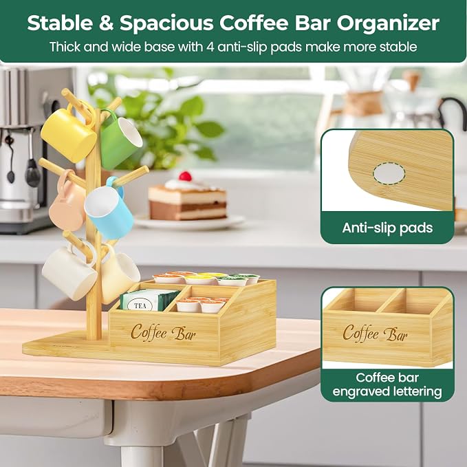 EsLuker.ly Mug Tree Holder Stand, Countertop Bamboo Coffee Cup Organizer | Rack for Kitchen Office, Space-Saving Coffee Station Bar Organizer with 6 Hooks, Modern Design Enhances Decor